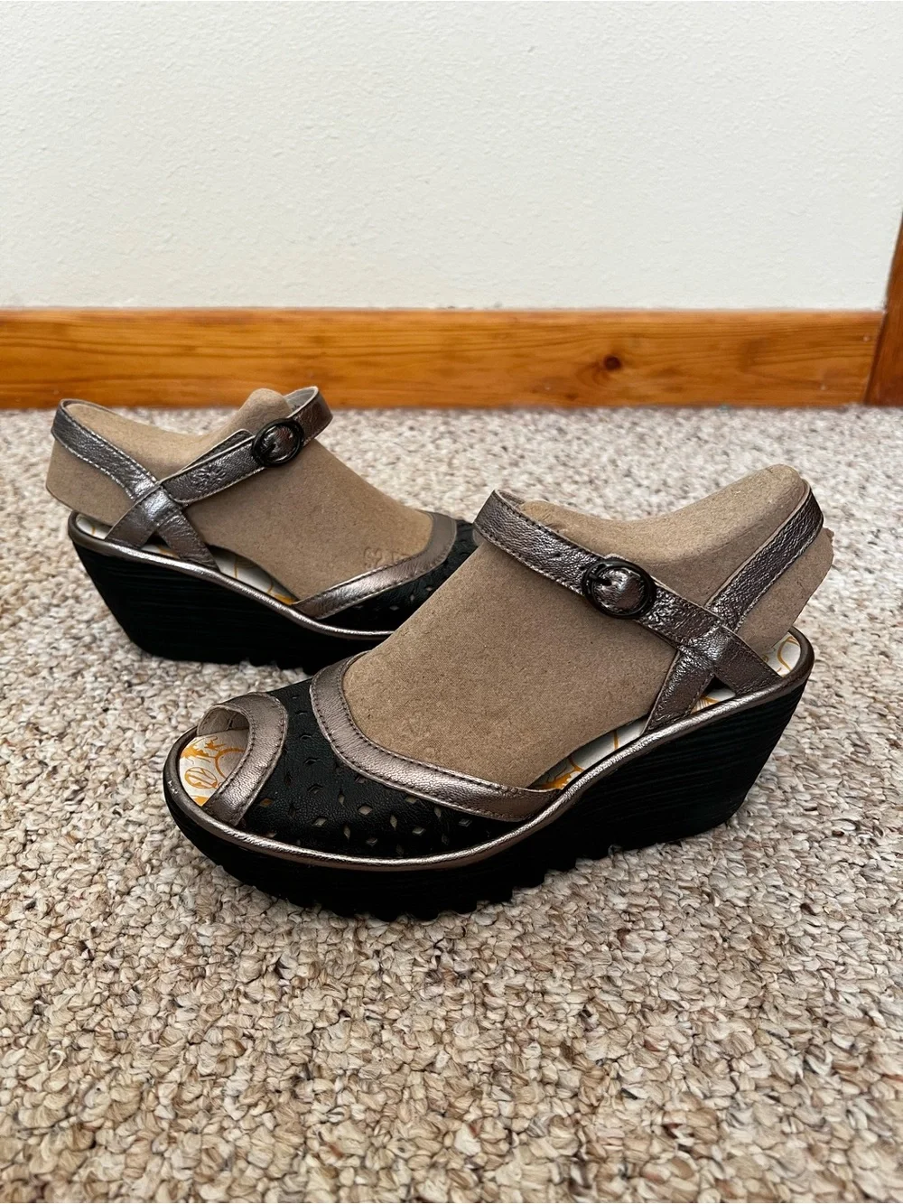 Fly London Black and Metallic Bronze Wedge Sandals 38